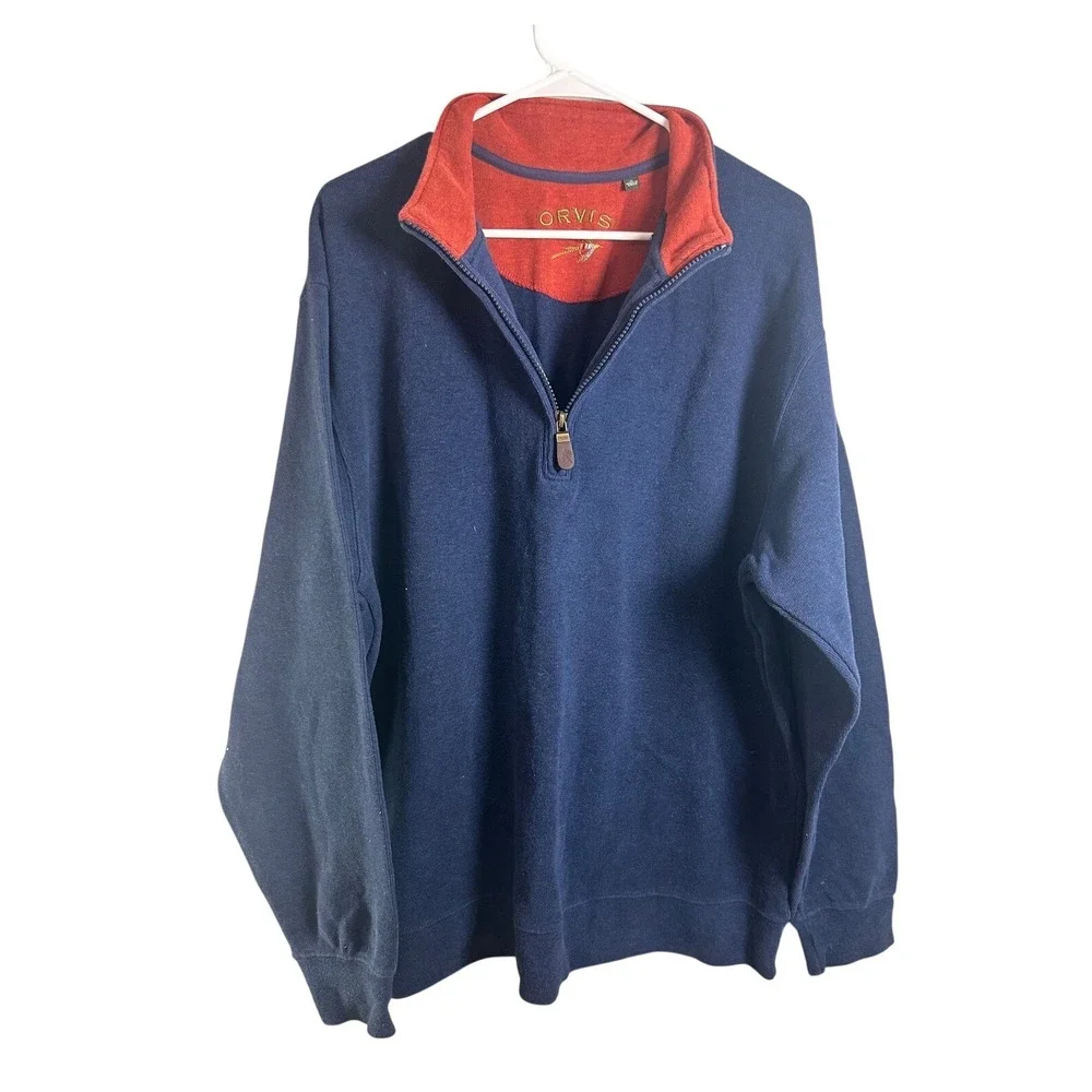 Orvis‎ Mens XL Navy Blue 100% Cotton 1/4 Zip Pullover Sweatshirt Orange Trim